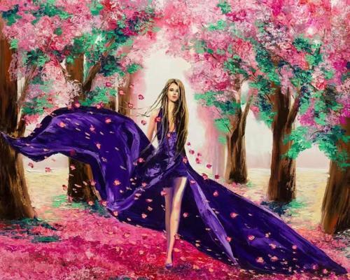 Canvas Mor Elbiseli Kadın Sayılarla Boyama Seti   Kasnaklı 90 x 110 cm