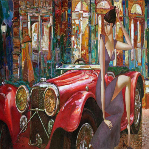 Canvas Klasik Araba Ve Kadın Sayılarla Boyama Seti Kasnaklı 50 x 65 cm