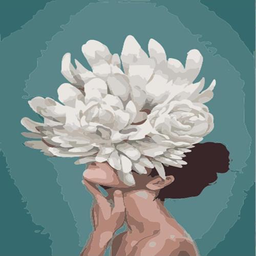 Canvas Kadın Beyaz Çiçek Sayılarla Boyama Seti   Kasnaklı 40 x 50 cm