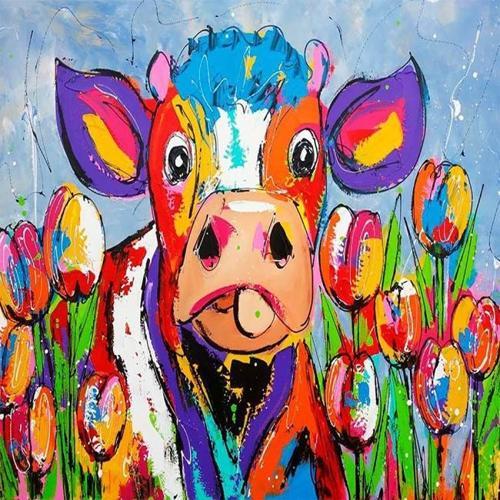 Canvas Sevimli İnek Ve Çiçekler Sayılarla Boyama Seti   Kasnaklı 90 x 110 cm