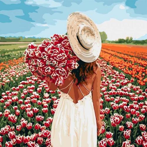 Canvas Şapkalı Çiçek Toplayan Kız Sayılarla Boyama Seti Kasnaklı 50 x 65 cm