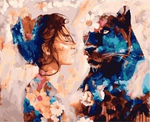 Canvas Kadın ve Panter Sevgisi Sayılarla Boyama Seti  Kasnaklı 90 x 110 cm