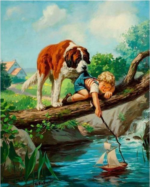 Canvas Köpek ve Çocuğun Dostluğu  Kasnaklı 50 x 65 cm