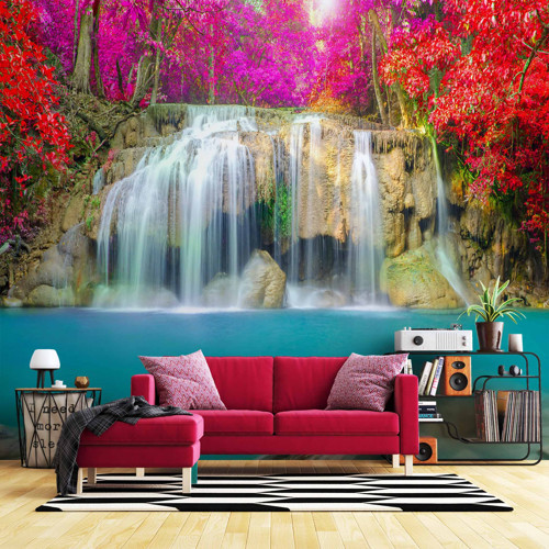 Şelale Kırmızı Çiçek Duvar Kağıdı Baskı