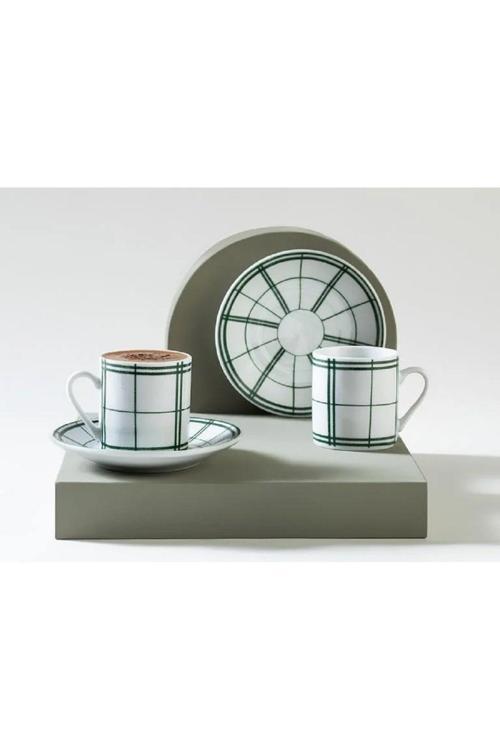 Plaid Lines Porselen 2'Li Kahve Fincan Takımı 80 Ml Yeşil
