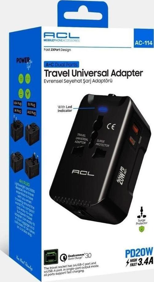 Evrensel Eu Us Au Uk Priz Fiş Çevirici Dönüştürücü Seyahat Adaptörü 2 Type-c 1 Usb Çıkışlı Adaptör