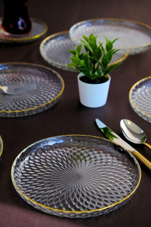 Altın Yaldız Cam Pasta Tabağı 16cm 6 lı 2492