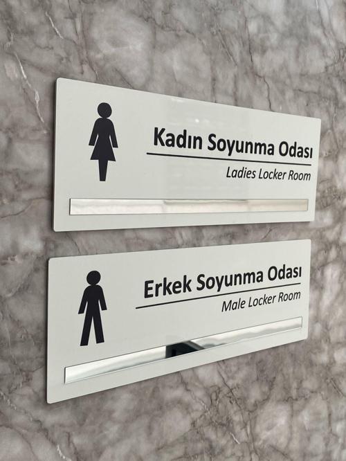 Gümüş Aynalı Parlak Beyaz Seri Bay&Bayan Soyunma Odası Yönlendirme Levha Seti Kapı İsimliği