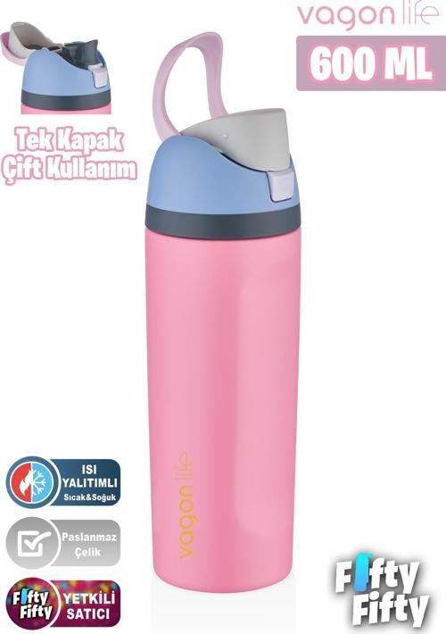600 ML Tek Kapak Çift Kullanım Pipetli/Pipetsiz Taşıma Kulplu Çelik Termos -FFVGN0443R600ML