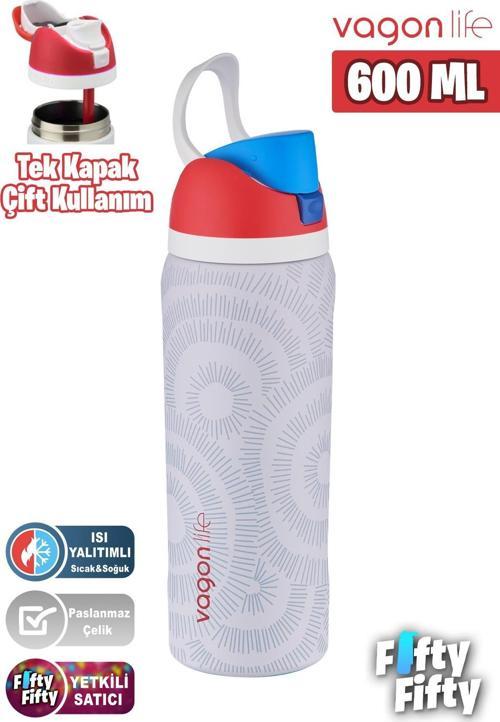 600 ML Tek Kapak Çift Kullanım Pipetli/Pipetsiz Taşıma Kulplu Çelik Termos -FFVGN044ML600Desenli