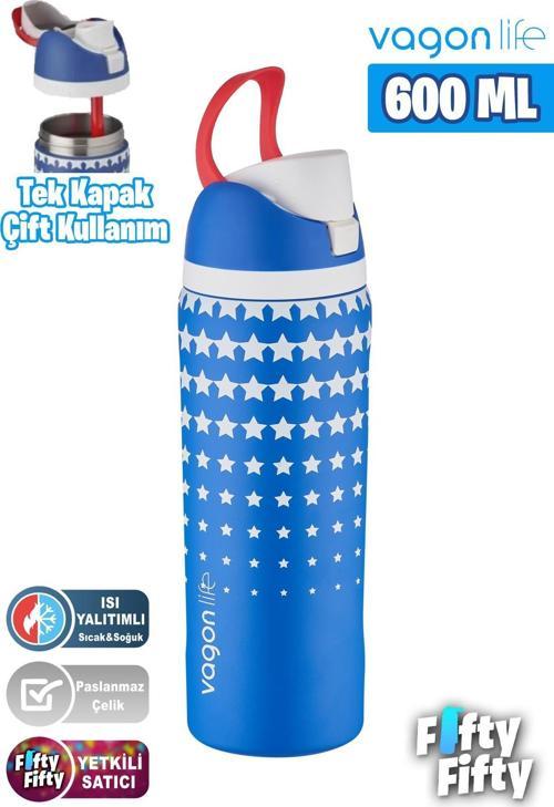 600 ML Tek Kapak Çift Kullanım Pipetli/Pipetsiz Taşıma Kulplu Çelik Termos -FFVGN044ML600Desenli