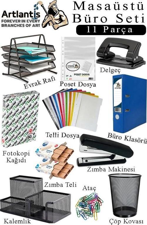 Masaüstü Büro Seti 11 Parça Siyah Metal Evrak Rafı Kalemlik 3 lü Zımba Makinesi Delegeç Ataşlık Notluk Düzenleyici