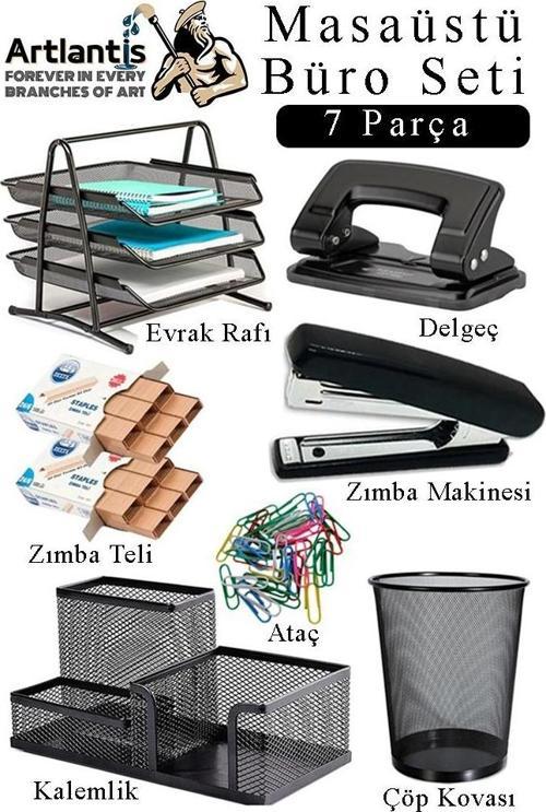 Masaüstü Büro Seti 7 Parça Siyah Metal Evrak Rafı Kalemlik 3 lü Zımba Makinesi Delegeç Ataşlık Notluk Düzenleyici