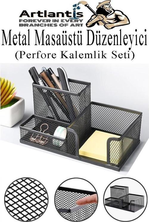 Masaüstü Metal Kalemlik Seti 3 lü Kombo 1 Paket Fileli Perfore Siyah Kalemlik Ataşlık Kağıtlık Küpnotluk Düzenleyici