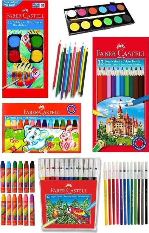 Öğrenci Boyama Seti 4 lü Faber 12 Renk Sulu Boya Kuru Boya Pastel Boya Keçeli Kalem 12 li Boya Set Faber Castell Okul Sı