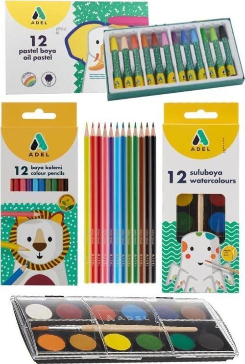 Öğrenci Okul Boyama Seti 3 lü Adel 12 Renk Pastel Boya Kuru Boya Sulu Boya 12 li Boya Set Kreş Seti