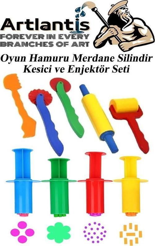 Oyun Hamuru Kalıbı Merdane Silindir Kesici ve Enjektör Seti 9 Parça 1 Paket Okul Kreş Ana Sınıfı Etkinlik Okul Öncesi