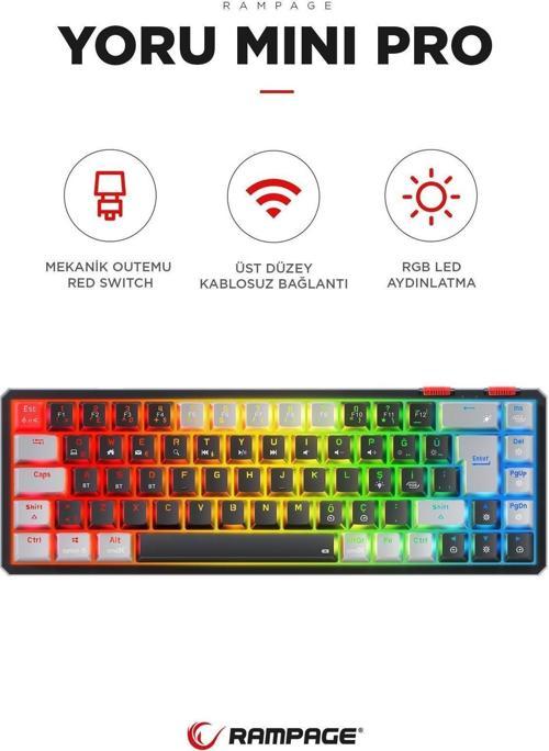 YORU Mini PRO Siyah/Gri 2.4ghz+BT5.0+Type-C 5 Bağlantı OUTEMU Red Swich Q Mekanik Gaming Oyuncu Klavye