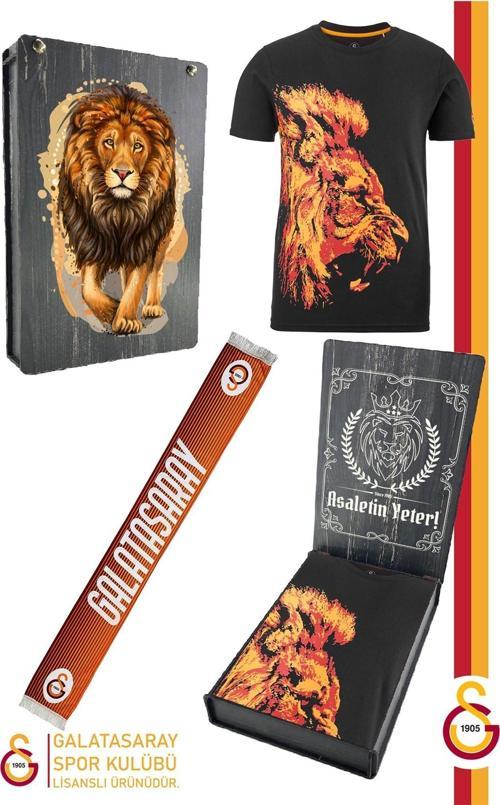Orijinal Lisanslı Aslan Baskılı T-Shirt + Şal Kaşkol Set Hediyelik Ahşap Kut
