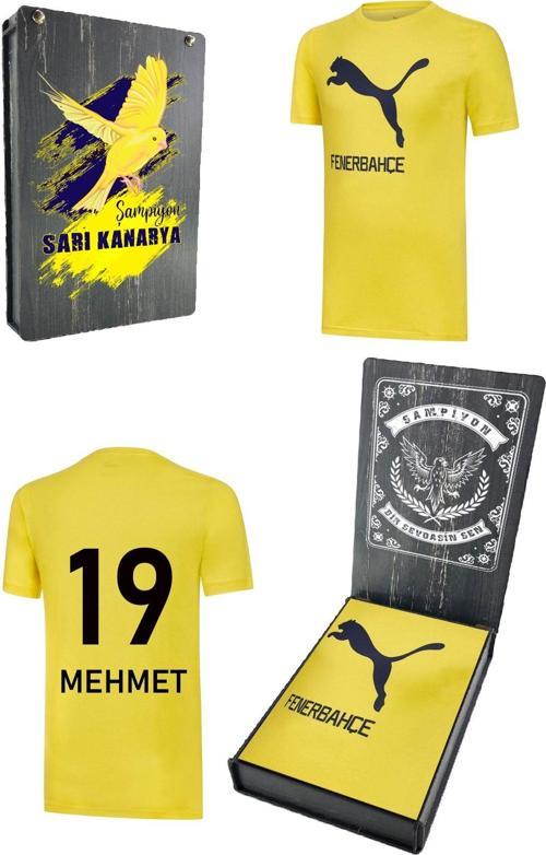 Fenerbahçe Orijinal Puma Sıfır Yaka Sarı T-Shirt Kişiye Özel Hediyelik Ahşap Kutulu