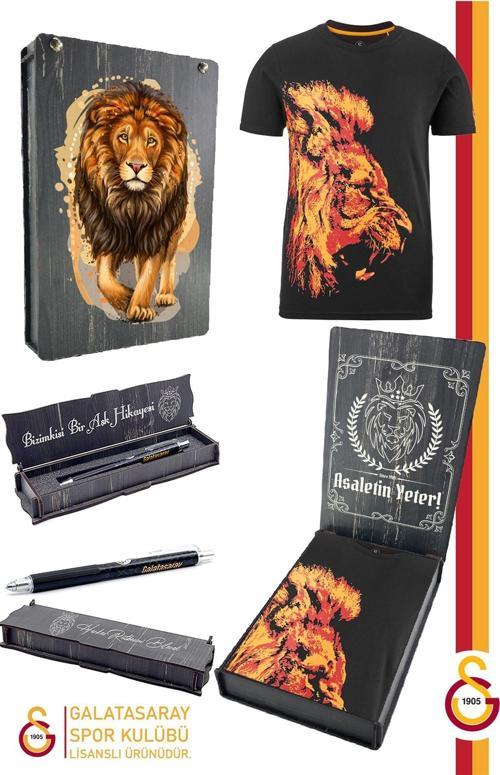 Orijinal Lisanslı Aslan Baskılı T-Shirt + Uçlu Kalem Set Hediyelik Ahşap Kut