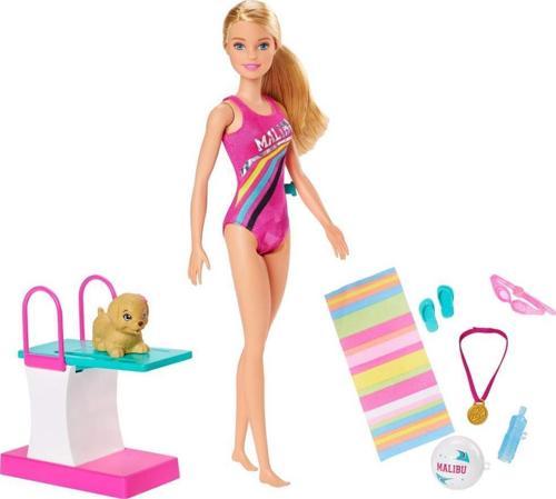 Seyahatte Yüzücü Barbie Oyun Seti - 30 cm Bebek Dalış Tahtası ve Köpeği Dahil GHK23