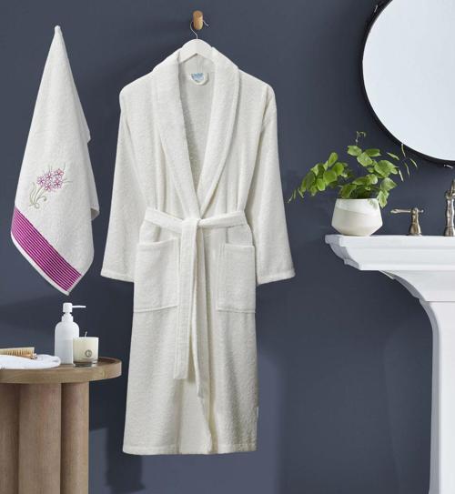 Bornoz - Nakışlı Havlu Seti Cora Bayan Krem L/XL+45x85cm