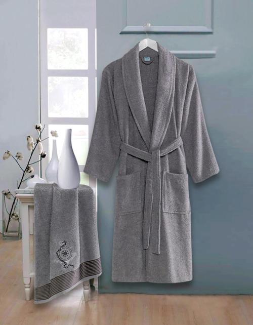 Bornoz - Nakışlı Havlu Seti Cora Antrasit L/XL+45x85cm