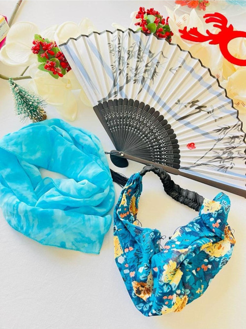 - Mavi Desenli Şık Yelpaze, Paraşüt Bandana, Fular