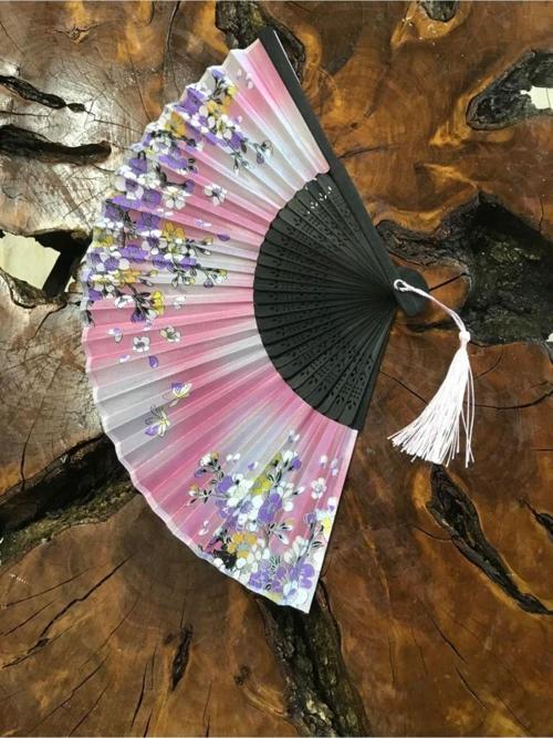 - Yelpaze Pembe - Gri Şık Desenli Doğal Serinletici Yelpaze P106