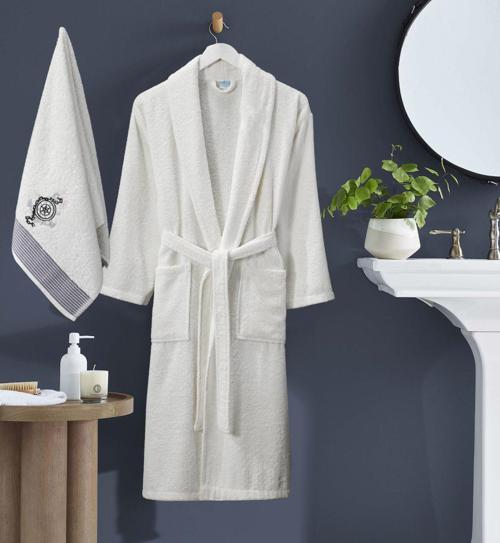 Bornoz - Nakışlı Havlu Seti Cora Erkek Krem L/XL+45x85cm
