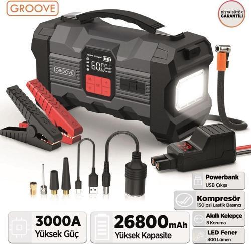 ZK004 26800mAh 4500A Akü Takviye Cihazı +Lastik Şişirme Kompresörlü Jump Starter (Powerbank+Led Lamba)