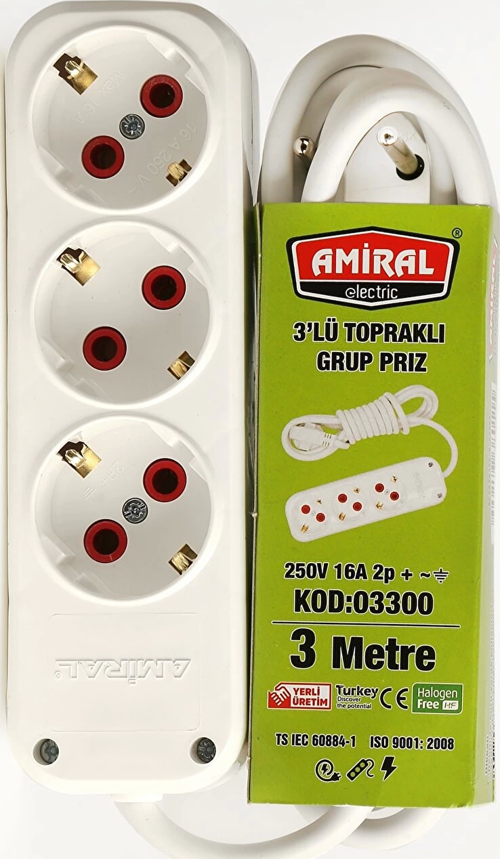 Amiral 3' Lü Topraklı 3 Metre Kablolu Grup Priz