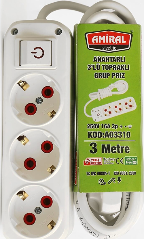 Amiral 3' Lü Topraklı Anahtarlı 3 Metre Kablolu Grup Priz