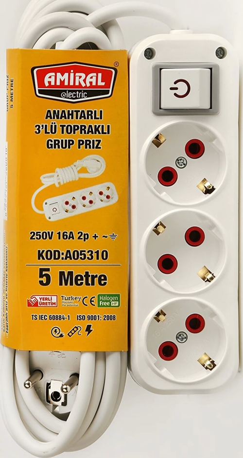 Amiral 3' Lü Topraklı Anahtarlı 5 Metre Kablolu Grup Priz