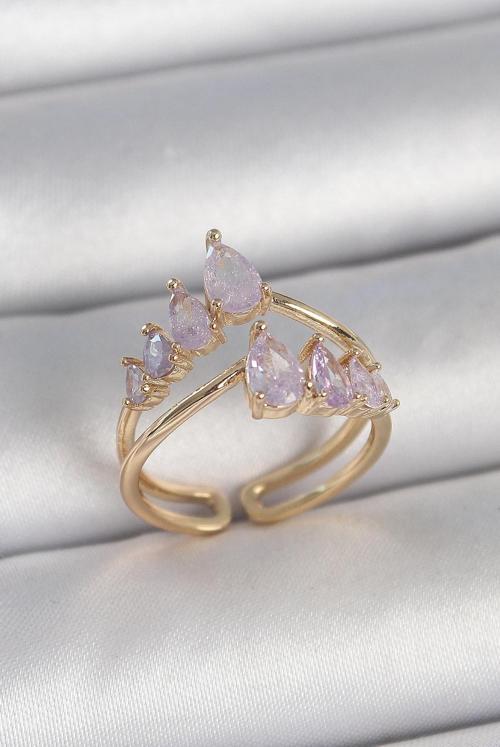 Pirinç Gold Renk Mor Damla Zirkon Taşlı Taç Model Kadın Yüzük - EBJ250501W33609