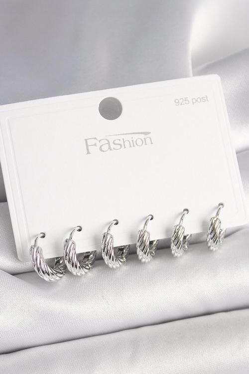 925 Ayar Gümüş Çivi Pirinç Gümüş Renk İşlemeli Halka Model Kadın Küpe Seti - EBJ250412W32703