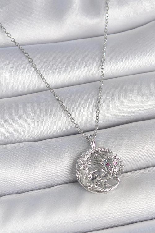 Gümüş Renk Zincir Ay Güneş Model Zirkon Taş Detay Kadın Kolye - EBJ250501W33594