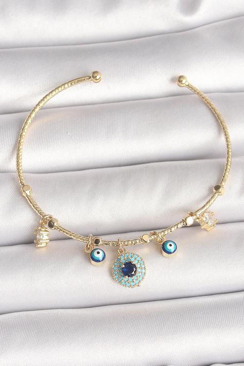 Pirinç Gold Renk Zirkon Taşlı Nazar Boncuk Detay Charm Kadın Bileklik - EBJ250501W32805