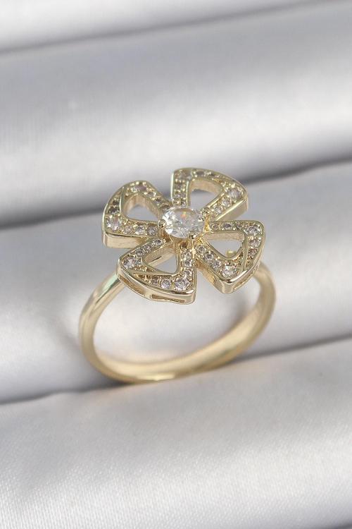 Pirinç Gold Renk Zirkon Taşlı Yonca Model Ayarlanabilir Kadın Yüzük - EBJ250501W33613