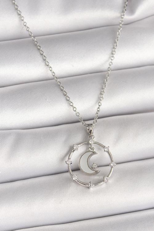 Gümüş Renk Zincir Zirkon Taşlı Beyaz Mineli Hilal Model Kadın Kolye - EBJ250501W32750