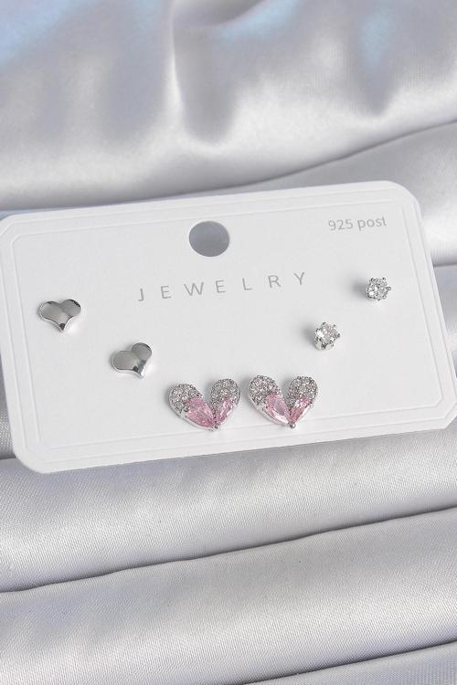 Pirinç Gümüş Renk Pembe Zirkon Taşlı Kalp Model 925 Ayar Gümüş Çivi Kadın Küpe Seti - EBJ250501W33549