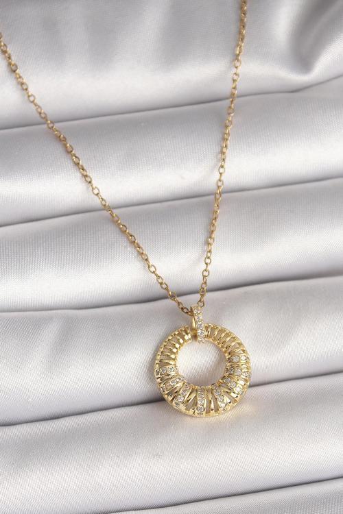 Gold Renk Zincir Zirkon Taş İşlemeli Daire Model Kadın Kolye - EBJ250501W32746