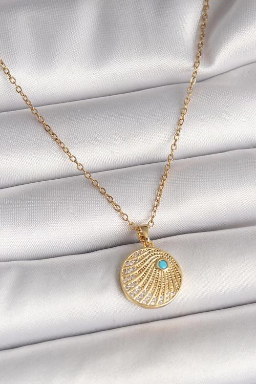 Gold Renk Zincir Zirkon Taş İşlemeli Mavi Taş Detaylı Madalyon Model Kadın Kolye - EBJ250501W32742