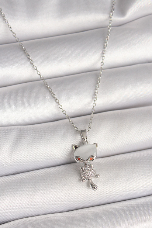 Gümüş Renk Zincir Zirkon Taşlı Kedi Model Kadın Kolye - EBJ250501W32759