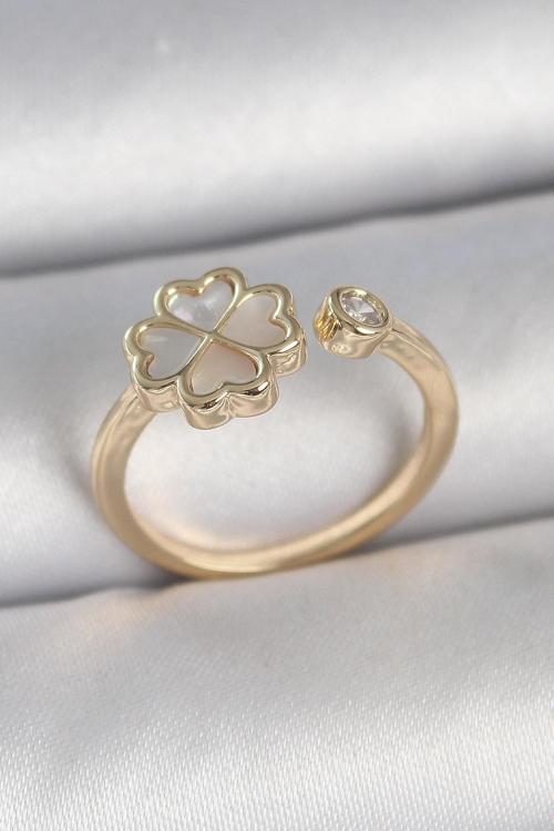 Pirinç Gold Renk Beyaz Mineli Yonca Model Zirkon Taş Detay Ayarlanabilir Kadın Yüzük - EBJ250501W33645