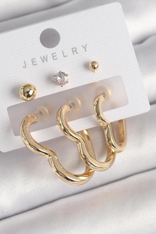 Pirinç Gold Renk Kalp Model Zirkon Taşlı Topçuk Detay Kadın Küpe Seti - EBJ250301W31581