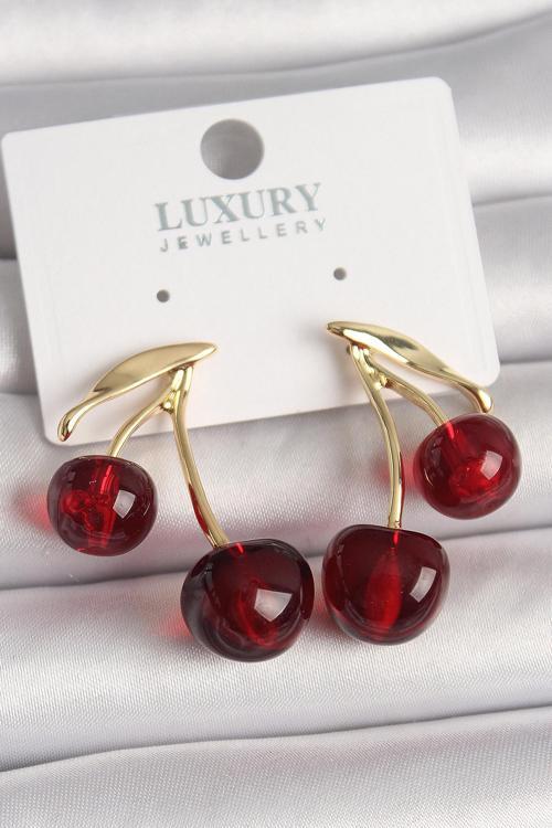 Pirinç Gold Renk Kırmızı Kiraz Model Kadın Küpe - EBJ250501W33512