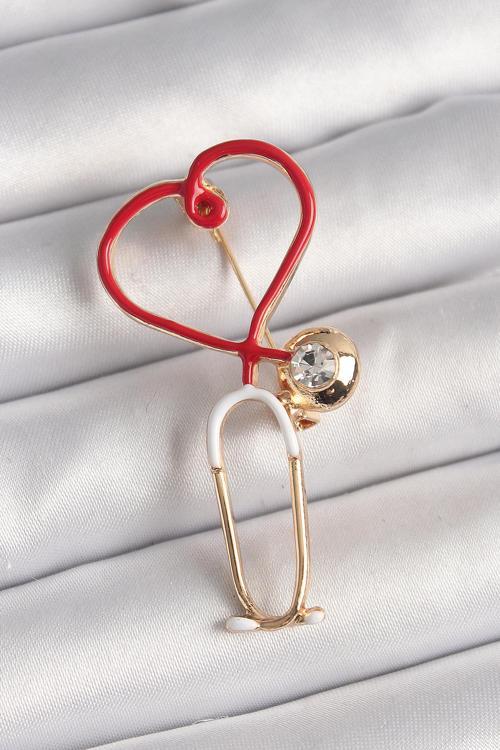 Pirinç Gold Renk Kırmızı Steteskop Model Zirkon Taş Detay Kadın Broş - EBJ250327W31631