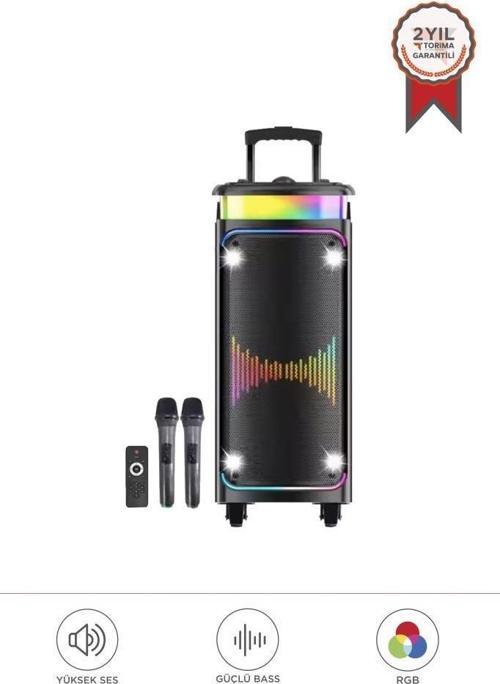 DR-8816 Siyah Çift Mikrofonlu RGB Ledli Taşınabilir Bluetooth Hoparlör Parti Speaker